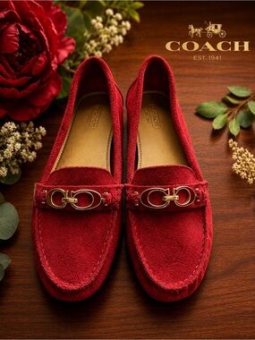COACH - Timeless Classic Red Suede Driving Loafers - Gold Hardware - Size 7B